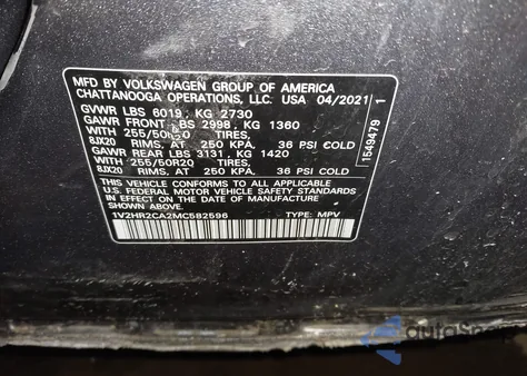 2021 Volkswagen Atlas 3.6L V6 Se W/Technology from USA, damaged, VIN 1V2HR2CA2MC582596